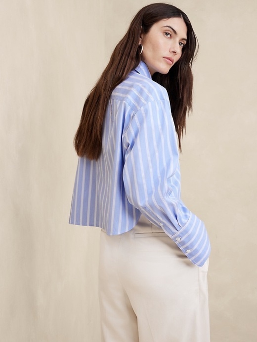 Banana Republic Light Blue & White Striped Boxy Crop Button-Down Shirt - Picture 9 of 9